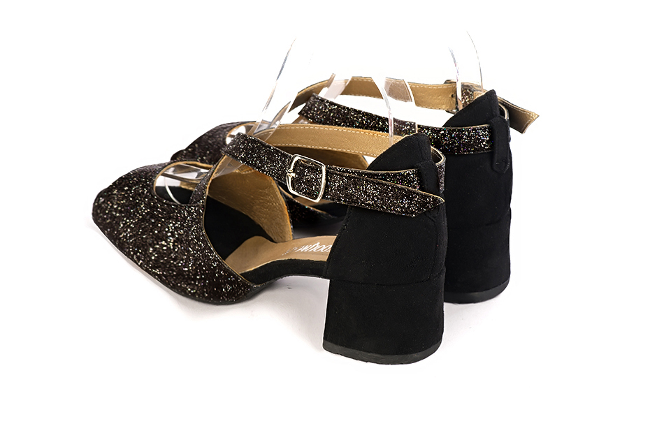 Dress sandals closed back crossed straps in gloss black and matt black with low flare heels and round toe - Rear view